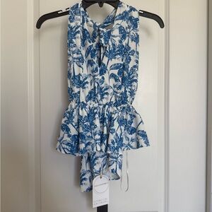 Gianni Bini Blue and White Halter Backless Peplum Top